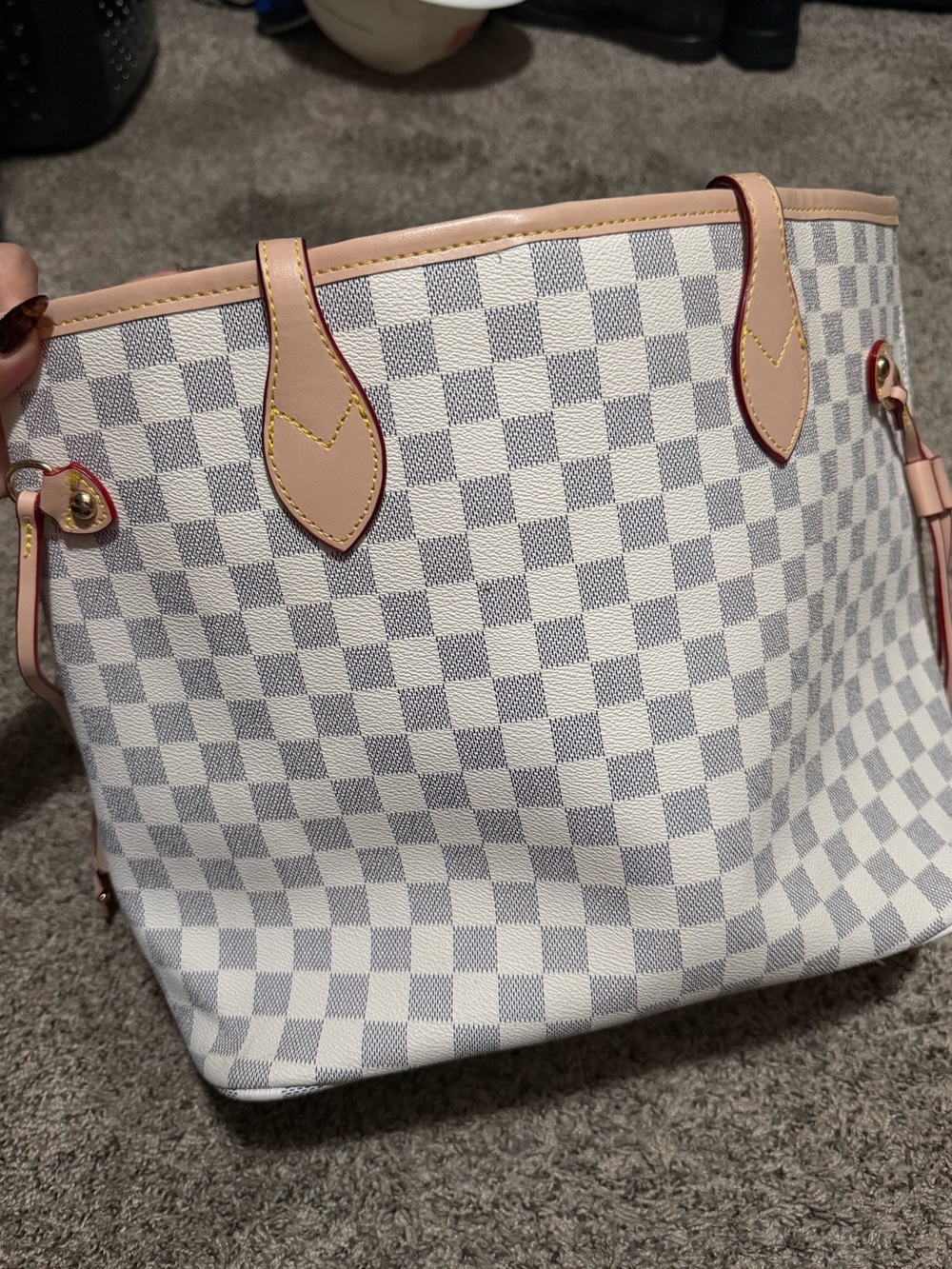 White Checkered Tote Bag + Matching Pouch